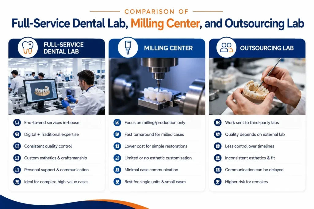 Comparison of full-service dental lab, milling center, and outsourcing lab