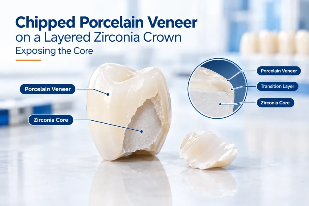 Chipped porcelain veneer on a layered zirconia crown exposing the core