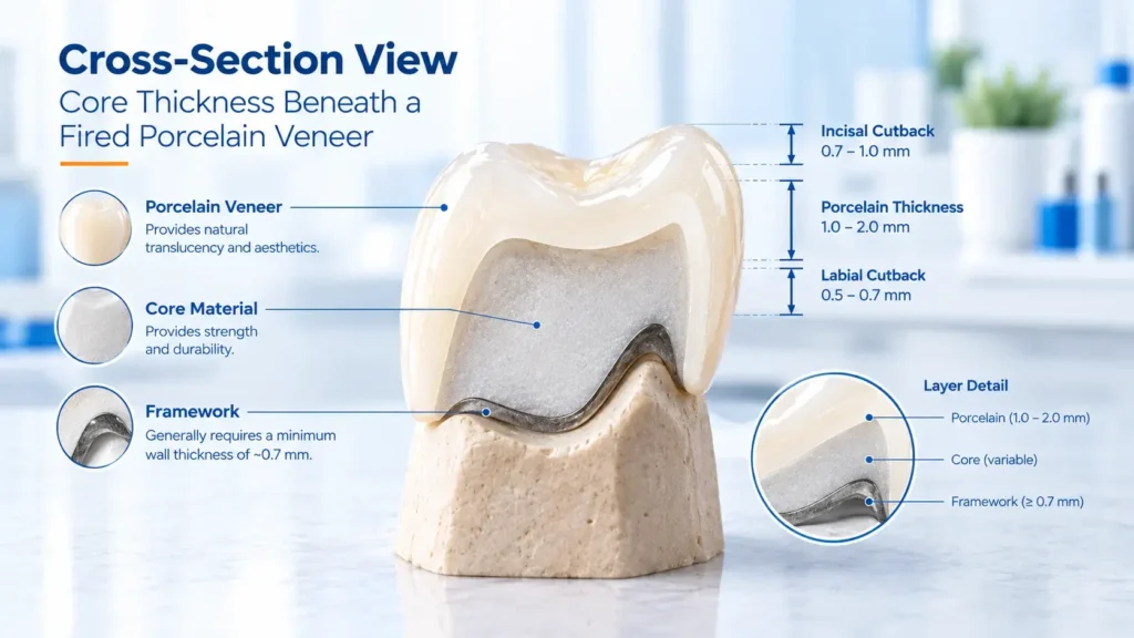 Cross-section showing core thickness beneath a fired porcelain veneer